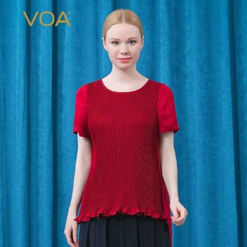 VOA Silk Jacquard Red O-Neck Short Sleeve Woman Tshirts BE628 Three-dimensional Decoration Original Breathable T Shirt Female