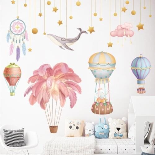 Hot Air Balloon Pink Feather Wall Sticker For Kids Rooms Decor Vinyl Wall Decals Children Bedroom Decoration Stickers Art Murals