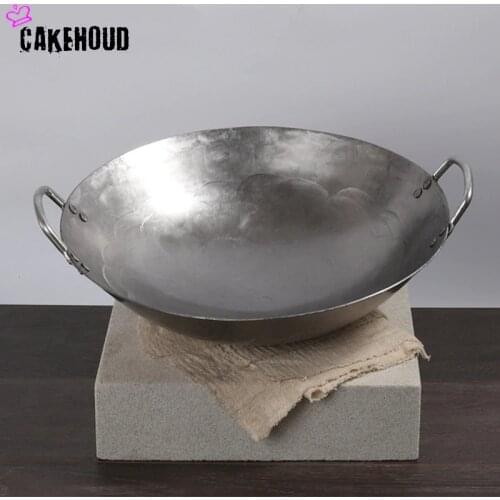 CAKEHOUD High Quality Double-Ear Cast Iron Wok Vintage Hand Thickened Chinese Style Kitchen Cookware Uncoated Non-Stick Wok