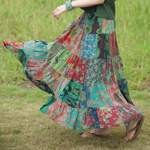 Bohemian Printed Skirt Holiday Beach Skirt Travel Long Skirts Ethnic Splicing Skirt Skirts Womens 2021