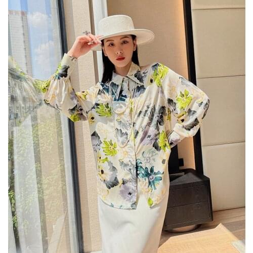 New Ladies Tops 2021 Autumn Floral Print Full Lantern Sleeve POLO Shirt Mujer Single Breasted Elegant Blouse Women Freeshipping