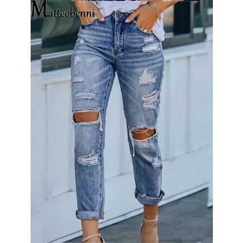 Womens Stretch Hole Slim Denim Pants Street Wear Ladies Skinny Jeggings Jeans Mom Ripped Slimming Denim Pants High-Waist Jeans