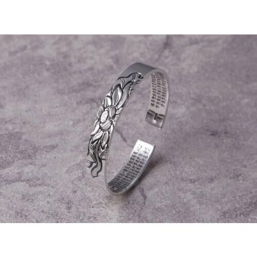Solid 999 Sterling Silver HEART SUTRA lotus flower Women mom gift Retro Cuff Bangle Bracelet jewelry A4664