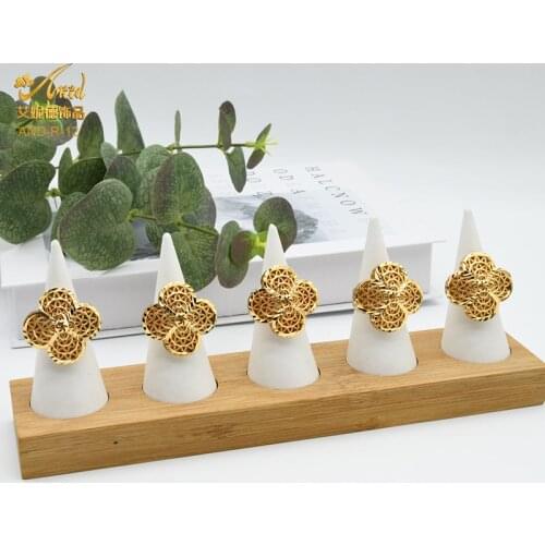 24k Lucky Flowers Gold Ring For Women Gold Plated Jewelry Dubai Finger Designer Adjustable African Rings Luxury Statement Gift