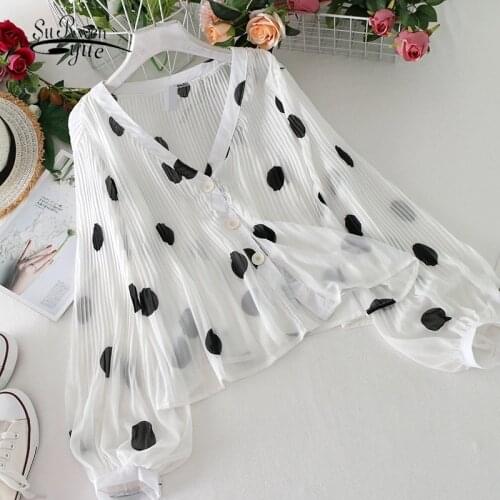 2021 Sun Protection Chiffon V-neck Polka Dot Women Shirts Elegant Casual Loose Lantern Sleeve Women Blouses Tops Blusas 14630