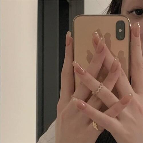 Cream milk tea pure color with diamond 3d decorated fake nails Japanese Bride lady full nail tips cute false nails 24pcs