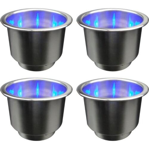 4Pcs Stainless Steel Cup Drink Holder Blue LED Built-in Universal for Boat Car
