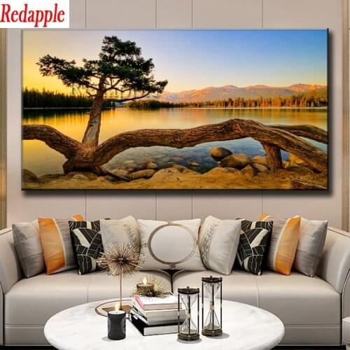 5D Diamond Painting sunset Scenery lake Tree DIY Full Diamond Embroidery Kit Landscape large Home Decoration Handmade Craft Gift