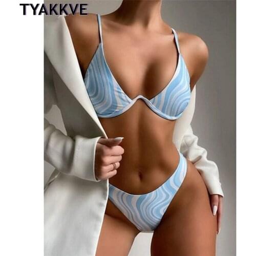 TYAKKVE Bikinis 2021 Swimsuits Underwire Swimwear Women Splicing Biquini Beachwear Wave Print High Cut Push Up Bathing Suits New