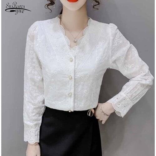 Puff Long Sleeve Flowers Crochet Lace Blouses French V-neck Hollow Out Womens Shirt Autumn White Elegant Woman Top Blusas 16650