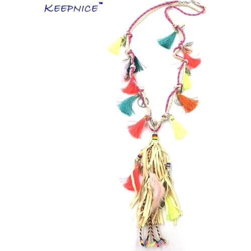 New Boho chic Jewelry Leather long Fringe Tassel Pendents Bohemia Necklaces Silk Tassel Charm Feather Charm Ethnic Necklace
