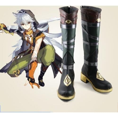 Genshin Impact Razor Cosplay Costumes Boots Halloween Leather Shoes Mondstadt Razor Gray Long Heat Resistant Synthetic Hair+cap