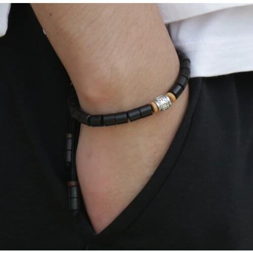 KEJIALAI Ebony Wood Bracelet Six Word Mantra Charactert Strand Designer Meditation Buddhism Adjustable Bracelet Wooden Jewelry