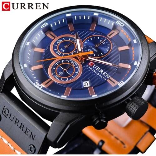 CURREN Blue Fashion 3 Dial Orange Genuine Leather Belt Calendar Display Mens Military Quartz Sport Wrist Watch Top Brand Luxury