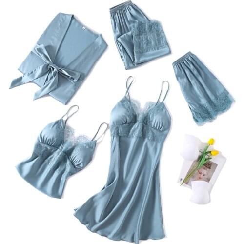 Women Robe Set Satin Sleepwear Lace Kimono Bathrobe Gown Sleep Suit Sexy Nightwear Home Clothes Silky Bride Bridesmaid Nightgown
