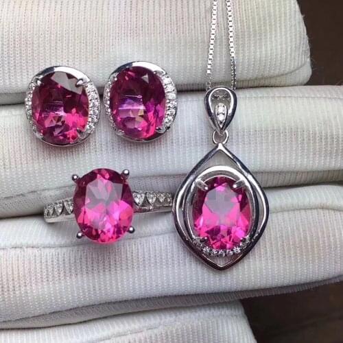Fashion round Natural pink topaz gem Ring Pendant earrings Natural Gemstone Jewelry Set 925 Silver Women wedding gift jewelry