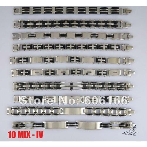 Wholesale NEW 10 MIX 8.5" 9" Mens Stainless Steel Rubber Bracelet Chains Fashion Jewelry Mens Bracelets Free Shipping