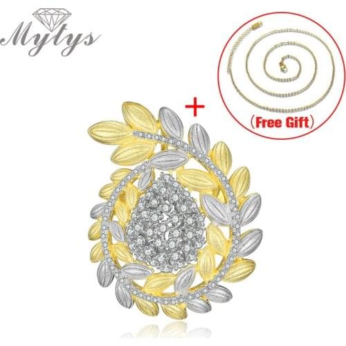 Mytys Olive Leaf Flower Brooches Pin for Women Scarf Coat Jewelry Accessories Two way Wear Flower Pendant Broche X369