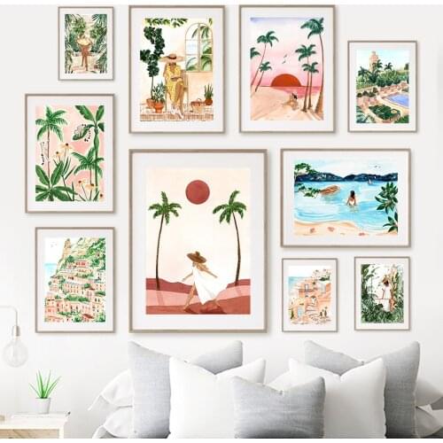 Italian Shore Sunset Beach Landscape Moroccan Girl Wall Art Canvas Painting Vacation Travel Poster Wall Decor Pictures for Home