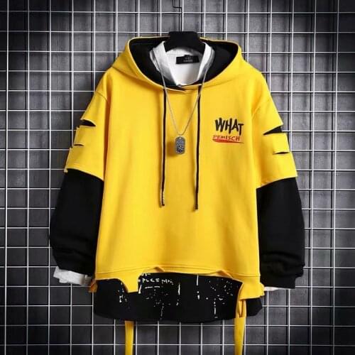 2021 New Fashion Trend Hoodie Men Fake Two Winter European And American Street Hiphop Hiphop Rip Hoodie Loose Jacket Coat