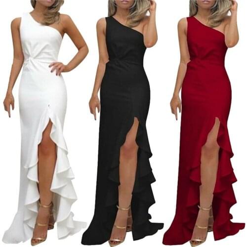 New Women Formal Floor Length Dress Ruffle One Shoulder Sleeveless Slit Split Solid Elegant Sexy Skinny Slim Evening Party Dress