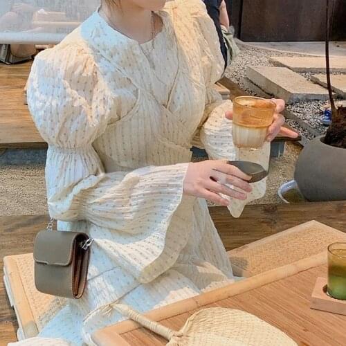 2021 Autumn Vintage Elegant Dress Party Korean Fashion Sweet Midi Dress Women Casuallong Sleeve Pure Color Dress Bandage Design