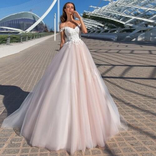 Pink Wedding Dresses with Appliques 2021 Sweetheart Off-The-Shoulder Tulle Bridal Gowns Sleeveless Corset Back Bride Dress