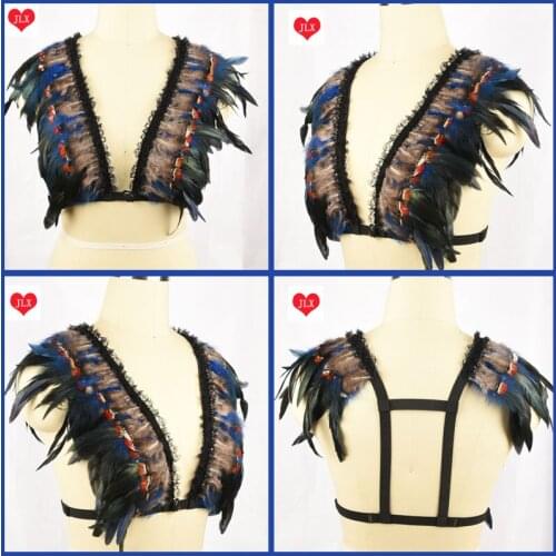 Sexy lace feather harness Bra festival Rave Wear Velvet Boho Bralette,Crop Top Lingerie Fetish cage bra Halloween Goth Costume