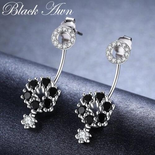 Career 925 Sterling Silver Flower Row Black Spinel Trendy Engagement Earrings for Women Fine Jewelry Bijoux I029