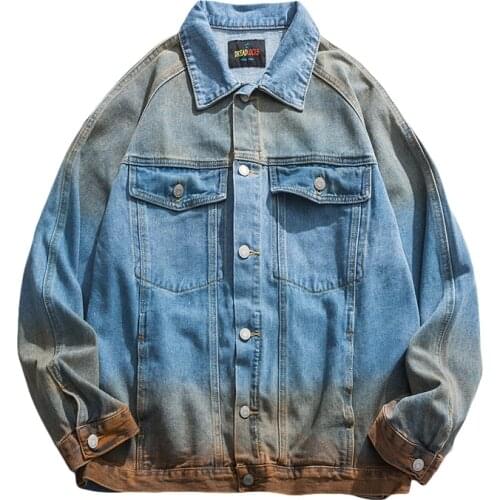 PERHAPS U Light Blue Denim Jacket Turn Down Collar Button Long Sleeves Tie Dye Print Letter Loose Oversize C0510