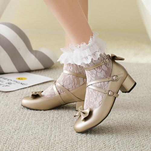Sweet Lolita Princess Mary Janes Shoes White Pink Bowtie Ruffles Uniform School Shoes for Girls Mid Heel Black Punk Lace