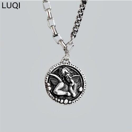 S925 Silver Vintage Angel Coin Round Brand Hip Hop Fashion Thai Silver Necklace N102