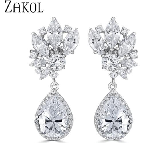 ZAKOL New White Color Crystal Zircon Drop Earrings for Women Environmental Earrings Classic Christmas Gift FSEP2065