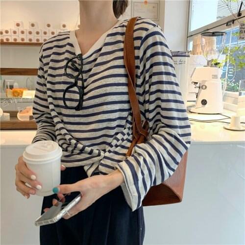 Womens Clothes Retro Korean Style Ins Shirt Striped Design Irregular Button Long-sleeved Casual T-shirt For Women