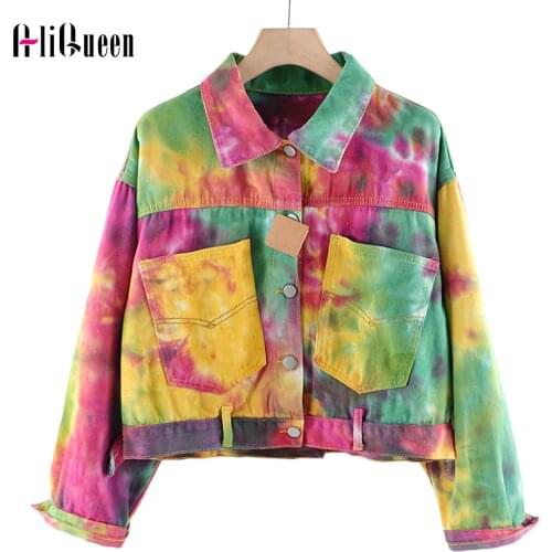 2020 Autumn Women Streetwear Short Coat Crop Top Tie-dye Printed Pockets Jean Jacket Outwear Female Single Button Loose Coats