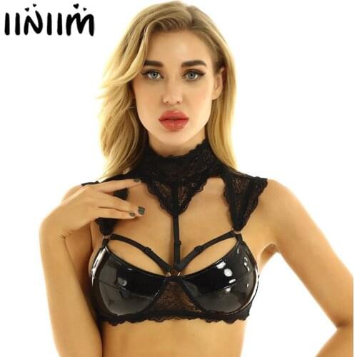Womens Erotic Sheer Lace Lingerie Latex Tops Leather Cups Hollow Out Wire-free Unlined Bra Crop Tops for Night Parties Clubwear