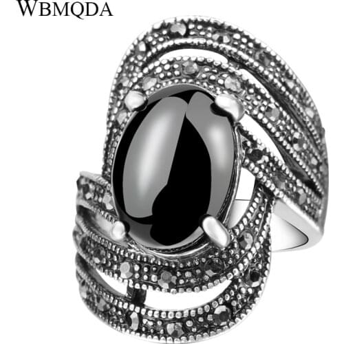 Hot 2018 Vintage Black Crystal Rings For Women Tibetan Silver Jewelry Fashion Punk Big Stone Line Wave Ring Free Shipping