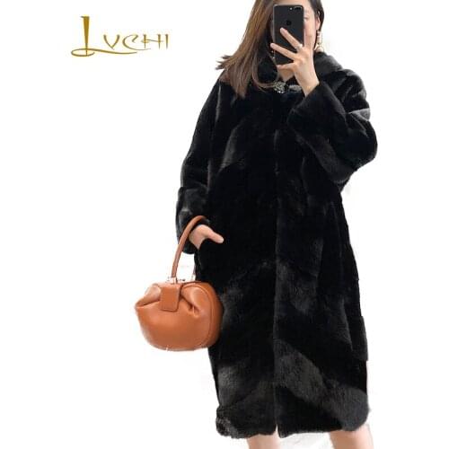 LVCHI Winter 2019 Import Real Mink Coat Womens Soft Warm Mink Coat With Fur Hood Striped Full Batwing Sleeve X-Long Mink Coats
