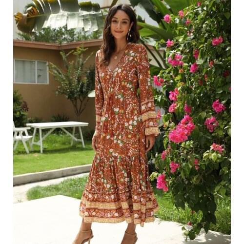 Happie Queens Women Floral print long sleeve tassel beach Bohemian happie dress Ladies deep V-neck Boho maxi dress vestidos
