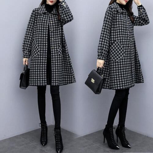 2021 New Fashion Spring Autumn Outerwear Large size 4XL Womens Trench Coat Mid-Length Casaco Feminino Female Plaid Woolen Coat