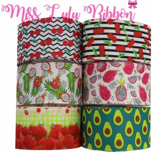 16mm-75mm Fruits Series Cherry Avocado Printed Grosgrain/Foe Ribbon Black Stripes DIY Hair Bowknots 50yards/roll