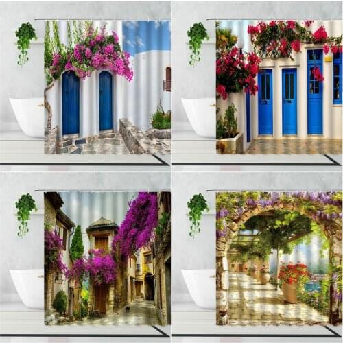3D Mediterranean Garden Scenery Shower Curtain Town Flowers Street View Wall Decor Background Bathroom Waterproof Bath Curtains