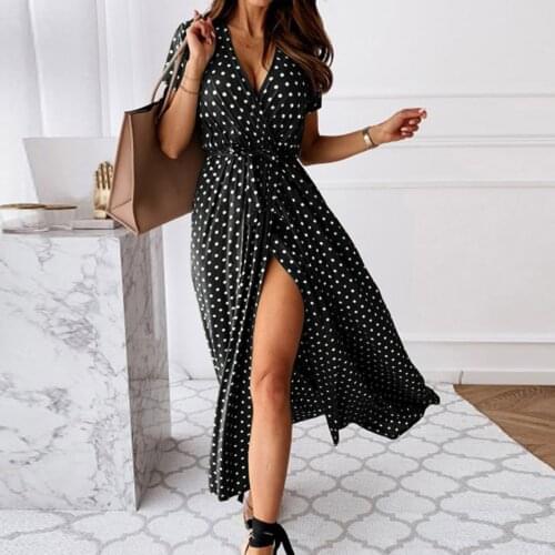 4# Women Polka-dot Print Dresses V-neck Short Sleeve Summer Dress Split Summer Dress Bohemian Maxi Vintge Dresses For Women