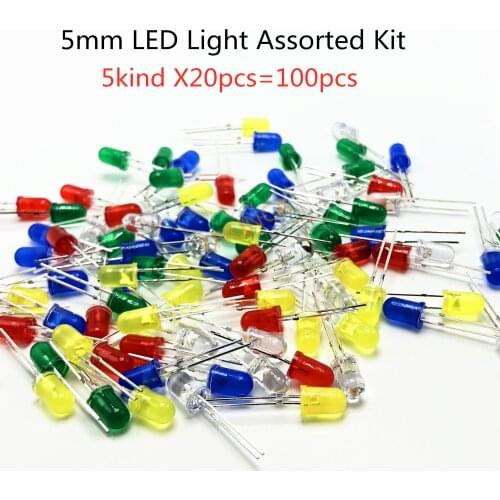 5kind X20pcs=100pcs 5mm LED Light Assorted Kit DIY LEDs Set White Yellow Red Green Blue 5kinds X 20pcs