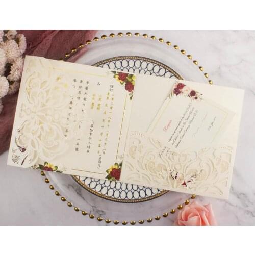 Free Drop Shipping 50X ivory/White floral Laser Cut tri-fold Wedding Invitation Cards Personalized Pocket Invite envelope RSVP