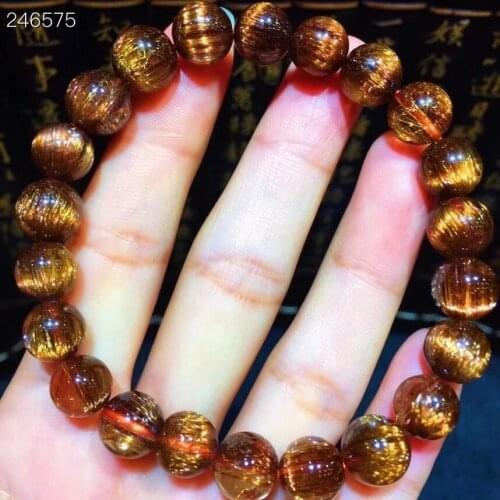 Genuine Natural Copper Rutilated Quartz Bracelet 9.2mm Cat Eye Crystal Round Beads Women Man Bracelet Genuine AAAAA