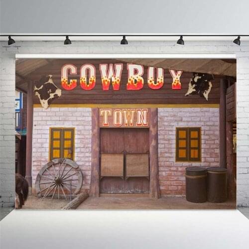 Country Western Barn Backdrop for Parties Wild West Cowboy Farmhouse Tavern Wood Wheel Town Building Doorway Photo Background