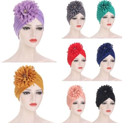 Women Beads Flower Ruffle Turban Head Scarf Muslim Elastic Pleated Bonnet Hijabs Hat Accessories Indian Caps Chemo Cancer Cap