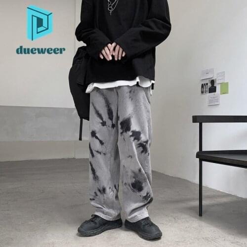 DUEWEER Mens Straight Jeans Ink Tie Dye Hip Hop Baggy Jeans Men Stretch Casual Distressed Trousers Wide Leg Denim Pants