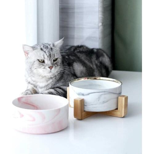 Creative Pet Bowl Marbling Cat Dog Bowl Wooden Shelf Ceramic Feeding and Drinking Bowls for Dogs and Cats Pet Feeding Supplies